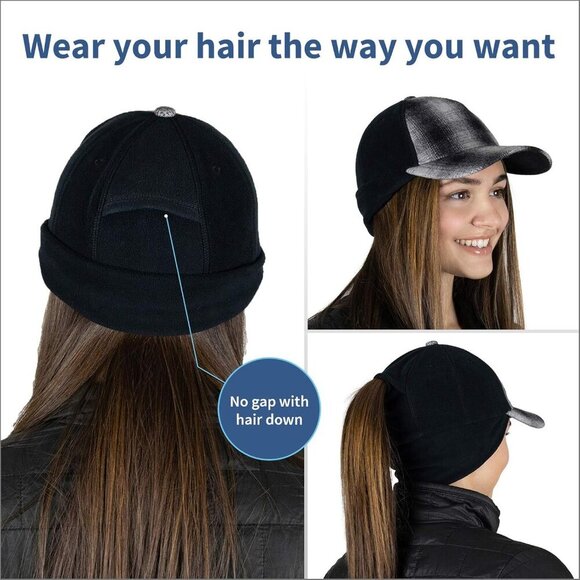 〽️Women’s Grey Plaid Winter Ponytail Trucker Hat with Drop-Down Ear Warmers main image 6